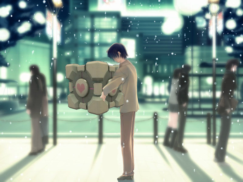 1boy, 3d, 3girls, 4boys, aperture_science_weighted_companion_cube, black_hair, blurry, boots, briefcase, building, city, coat, couple, crossover, cube, depth_of_field, faceless, faceless_male, from_side, hand_in_pocket, heart, height_difference, hetero, hug, kida_tokinori, knee_boots, lamppost, lights, loafers, long_hair, miniskirt, multiple_boys, multiple_girls, nakamura_takeshi, outdoors, pants, parody, pleated_skirt, portal_(series), portal_1, railing, road, shadow, shoes, short_hair, skirt, snow, solo_focus, standing, street, tenshi_no_inai_12-gatsu, third-party_edit, valve