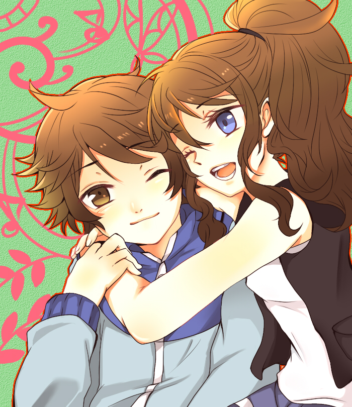 10s, 1boy, 1girl, blue_eyes, brown_eyes, brown_hair, couple, hetero, hilbert_(pokemon), hilda_(pokemon), hood, hoodie, hug, jacket, kawashi, long_hair, nintendo, one_eye_closed, open_mouth, pokemon, pokemon_black_and_white, smile, vest, wink