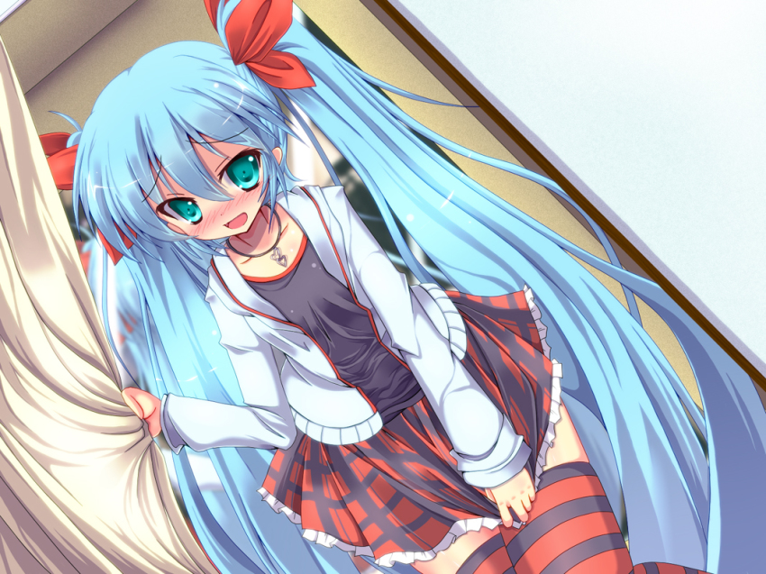 1girl, alternate_costume, aqua_eyes, blue_hair, blush, bow, casual, curtains