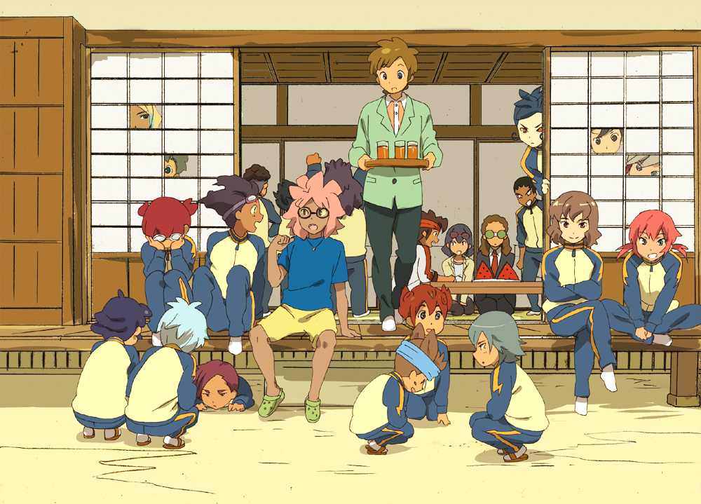 1girl, 6+boys, amagi_daichi, aoyama_shunsuke, crocs, endou_mamoru, everyone, gouenji_shuuya