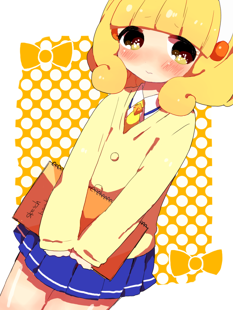 10s, 1girl, :>, bad_id, bad_pixiv_id, blonde_hair, blush, cardigan