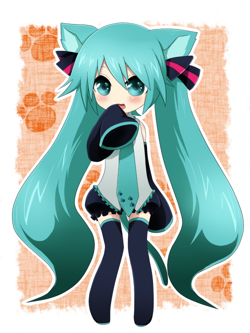 1girl, animal_ears, aqua_eyes, aqua_hair, aten, cat_ears, cat_tail, detached_sleeves, eten_(faddish), female_focus, hatsune_miku, long_hair, necktie, sleeves_past_wrists, solo, tail, thighhighs, twintails, very_long_hair, vocaloid