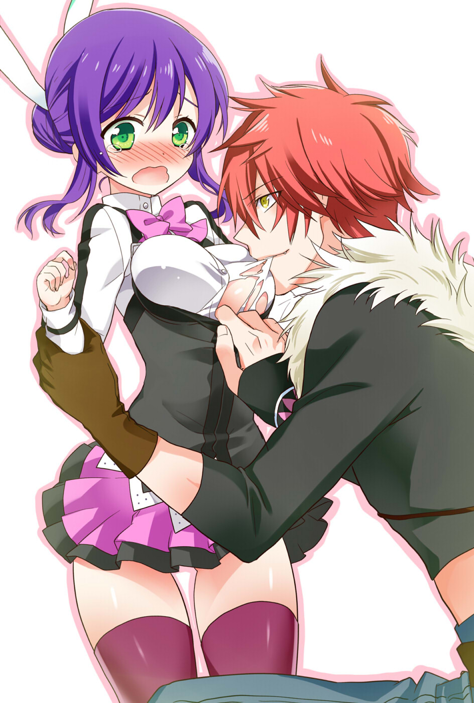 10s, 1boy, 1girl, animal_ears, aquarion_(series), aquarion_evol, bad_id, bad_pixiv_id, blush, bow, bowtie, embarrassed, fang, forced, fur, gloves, green_eyes, highres, kagura_demuri, koharu_(mh), mikono_suzushiro, mouth_hold, no_panties, pleated_skirt, purple_hair, purple_thighhighs, rabbit_ears, red_hair, simple_background, skirt, tearing_clothes, tears, thighhighs, torn_clothes, white_background, yellow_eyes