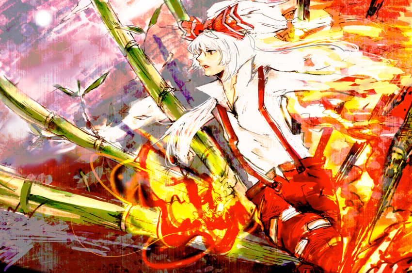 1girl, bad_id, bad_pixiv_id, bamboo, bow, female_focus, fire, fujiwara_no_mokou
