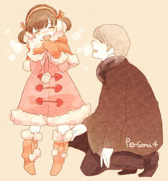1boy, 1girl, atlus, bad_id, bad_pixiv_id, boots, breath, brown_hair