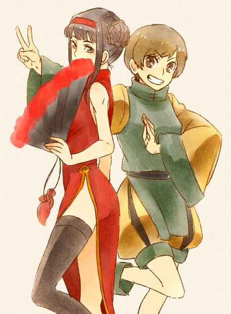 2girls, alternate_costume, alternate_hairstyle, amagi_yukiko, atlus, bare_shoulders, black_eyes, black_hair