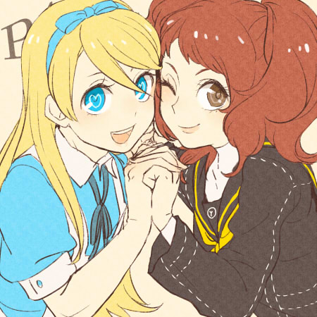 1boy, 1girl, alice's_adventures_in_wonderland, alice_(alice_in_wonderland), alice_(alice_in_wonderland)_(cosplay), atlus, blonde_hair, blue_eyes