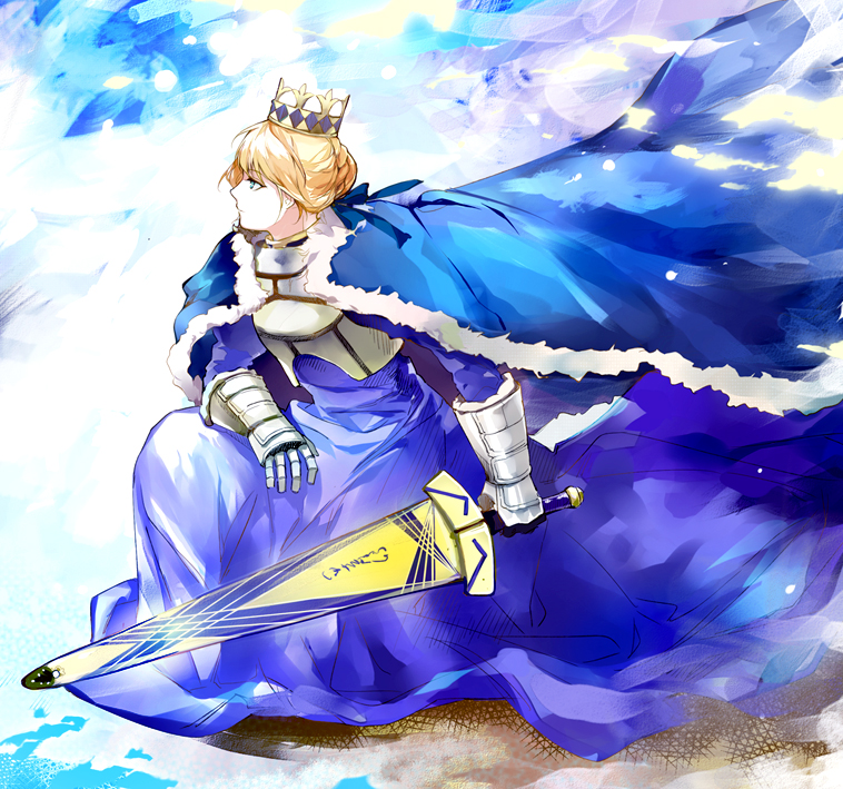 1girl, 9room, ahoge, alternate_costume, armor, armored_dress, artoria_pendragon_(fate), avalon_(fate), bad_id, bad_pixiv_id, blonde_hair, breastplate, cape, crown, dress, excalibur_(fate/stay_night), fate/stay_night, fate_(series), female_focus, gauntlets, green_eyes, hair_ribbon, kneeling, on_one_knee, ribbon, saber_(fate), solo, sword, weapon