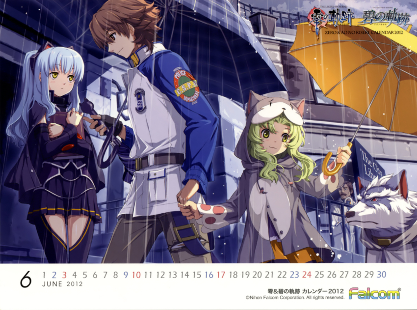 10s, 1boy, 2012, 2girls, animal, black_legwear, blue_hair, book, brown_hair, calendar, coat, company_name, copyright_name, eiyuu_densetsu, enami_katsumi, falcom, gloves, green_hair, highres, june, kea, kea_(eiyuu_densetsu), lloyd_bannings, long_hair, multiple_girls, official_art, official_wallpaper, plaid_umbrella, rain, raincoat, skirt, thighhighs, tio_plato, umbrella, yellow_eyes, zeit, zero_no_kiseki
