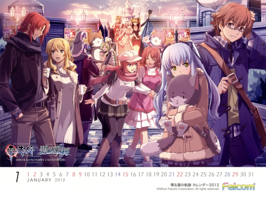 10s, 2012, 4boys, 6+girls, arios_maclaine, belt, blonde_hair, blue_hair, brown_hair, calendar, carrying, castle, character_request, coat, company_name, copyright_name, eiyuu_densetsu, enami_katsumi, falcom, fran_seeker, green_hair, highres, hood, january, kea, kea_(eiyuu_densetsu), lloyd_bannings, long_hair, mireille_(eiyuu_densetsu), multiple_boys, multiple_girls, noel_seeker, official_art, official_wallpaper, piggyback, randolph_orlando, red_hair, scarf, sergei_lou, shizuku_maclaine, tio_plato, winter, zero_no_kiseki