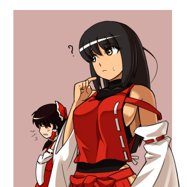 2girls, ?, bare_shoulders, black_hair, bow, breast_envy, breasts, detached_sleeves, dqncncilust, female_focus, hair_bow, hakama, hakama_skirt, hakurei_reimu, hanrei_(dqncncilust), japanese_clothes, large_breasts, m.u.g.e.n, miko, multiple_girls, nontraditional_miko, one-piece_thong, original, red_hakama, sendai_hakurei_no_miko, sendai_hakurei_no_miko_(m.u.g.e.n), sideboob, skirt, tan, touhou, wide_sleeves, yellow_eyes