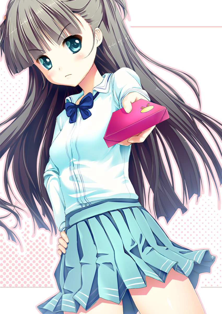 1girl, ai_shite!_homun, black_hair, blue_eyes, blush, bow, endou_hiroto, female_focus, gift, gishin_anki, hand_on_own_hip, highres, incoming_gift, long_hair, looking_at_viewer, pleated_skirt, school_uniform, skirt, solo