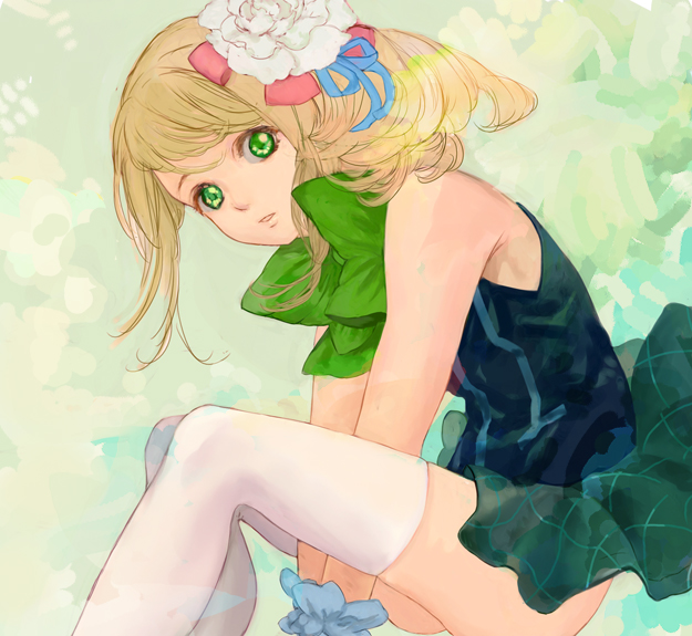 10s, 1girl, 3838383, alternate_costume, bare_shoulders, between_legs, blonde_hair, bow, bowtie, female_focus, flower, from_below, green_eyes, hair_flower, hair_ornament, hair_ribbon, hand_between_legs, lau_fei_zhui, long_hair, looking_at_viewer, looking_down, parted_lips, plaid_clothes, plaid_skirt, ribbon, sacred_seven, skirt, sleeveless, solo, thighhighs, white_thighhighs, zettai_ryouiki