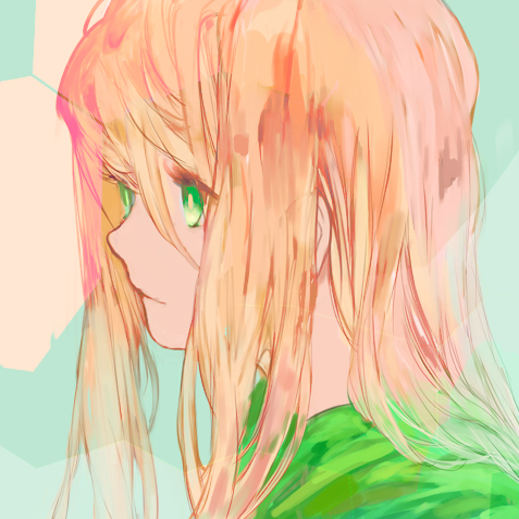 10s, 1girl, 3838383, blonde_hair, eyelashes, female_focus, green_eyes, lau_fei_zhui, long_hair, looking_away, lowres, portrait, sacred_seven, scarf, solo