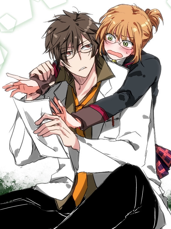 1boy, 1girl, alternate_costume, alternate_hairstyle, alvin_(school_uniform)_(tales), alvin_(tales), bespectacled, blush