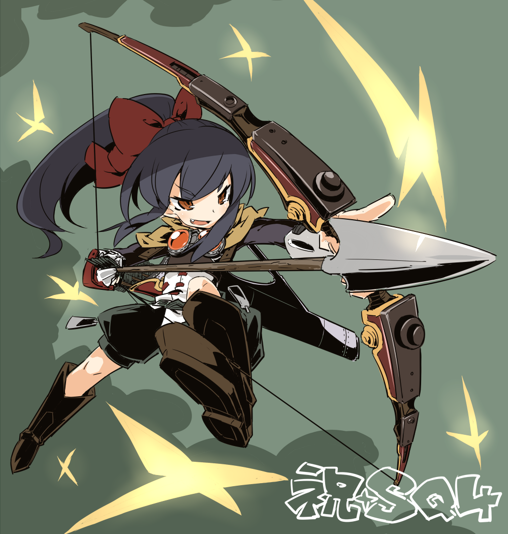 1girl, akari_(raigou), arrow_(projectile), atlus, black_hair, boots, bow_(weapon), brown_eyes, drawing_bow, etrian_odyssey, fang, female_focus, goggles, holding, holding_bow_(weapon), holding_weapon, ponytail, raigou, ribbon, sekaiju_no_meikyuu, sekaiju_no_meikyuu_4, sniper_(sekaiju), sniper_2_(sekaiju), solo, weapon