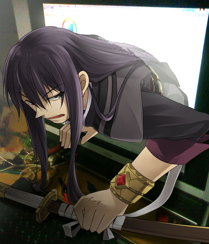 00s, 1boy, black_eyes, black_hair, bracelet, computer, jewelry, long_hair