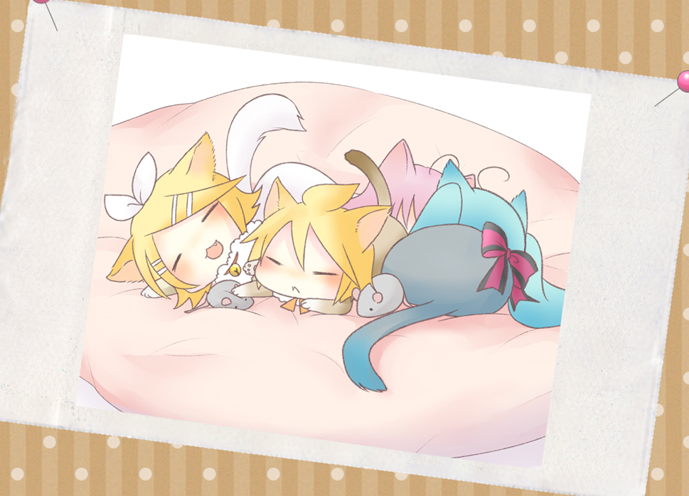 animal_ears, cat_ears, cat_tail, closed_eyes, hatsune_miku, kagamine_len, kagamine_rin, megurine_luka