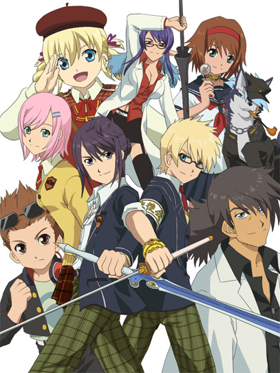 00s, 4boys, 4girls, alternate_costume, alternate_hairstyle, black_hair, blonde_hair, blue_eyes