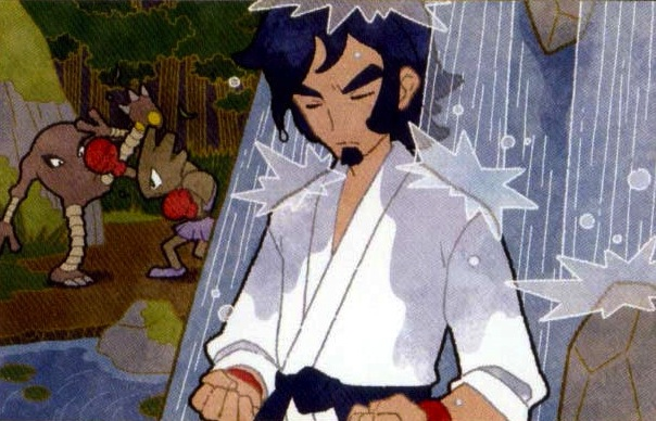 00s, battle, black_belt_(pokemon), closed_eyes, eo_kanako, gen_1_pokemon, hitmonchan, hitmonlee, male_focus, nintendo, npc_trainer, official_art, pokemon, pokemon_(creature), pokemon_heartgold_and_soulsilver, water