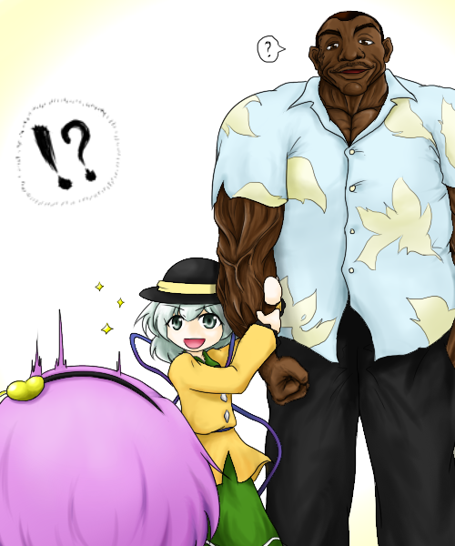 !?, 1boy, 2girls, ?, biscuit_oliva, commentary_request, crossover, dark_skin