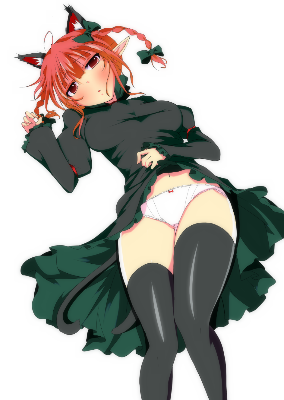 1girl, animal_ears, arm_up, bad_id, bad_pixiv_id, black_thighhighs, blush, braid