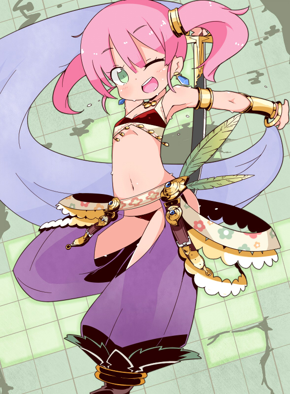 1girl, ashi_karekusa, atlus, belt, chaps, dancer_(sekaiju), dancer_2_(sekaiju), earrings, etrian_odyssey, green_eyes, jewelry, navel, one_eye_closed, panties, pink_hair, red_panties, sekaiju_no_meikyuu, sekaiju_no_meikyuu_4, smile, sweat, sword, twintails, underwear, weapon, wink