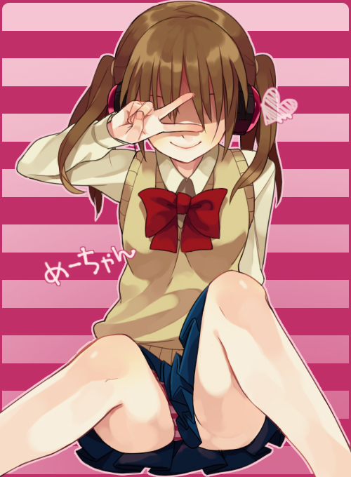 1girl, brown_hair, danshi_koukousei_no_nichijou, female_focus, hidden_eyes, hiyo_kiki, panties, pantyshot, school_uniform, shaded_face, short_twintails, sitting, smile, solo, squatting, striped_clothes, striped_panties, sweater_vest, tadakuni's_little_sister, twintails, underwear, v