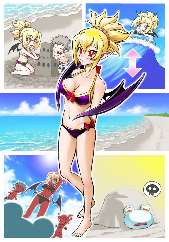 2boys, 2girls, arrow_(symbol), barefoot, bat_wings, beach, bikini, blindfold