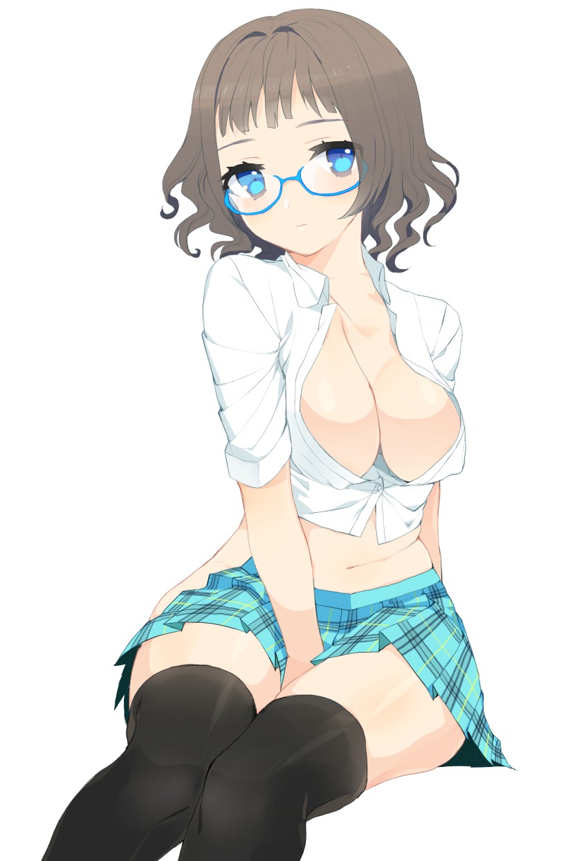 1girl, bad_id, bad_pixiv_id, black_thighhighs, blue-framed_eyewear, blue_eyes, breasts, brown_hair, covered_erect_nipples, donacoo, female_focus, glasses, highres, large_breasts, navel, original, plaid_clothes, plaid_skirt, sitting, skirt, solo, thighhighs, white_background, yuuhi_homare
