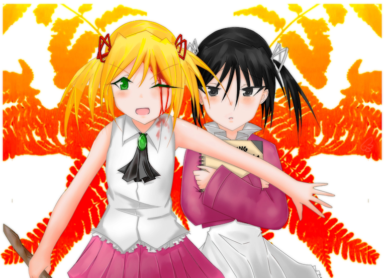 black_eyes, black_hair, blonde_hair, blood, child, eden_no_ori, green_eyes, isurugi_miina