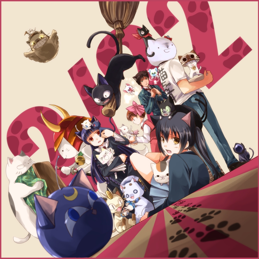 00s, 10s, 1980s_(style), 2boys, 3girls, animal, animal_ears, animal_on_head