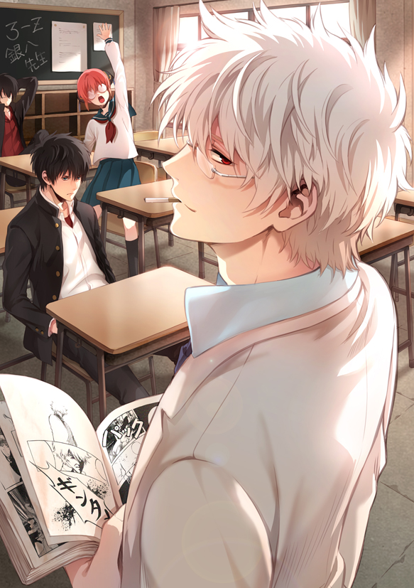 1girl, 2boys, black_hair, blue_eyes, book, chalkboard, cigarette, classroom