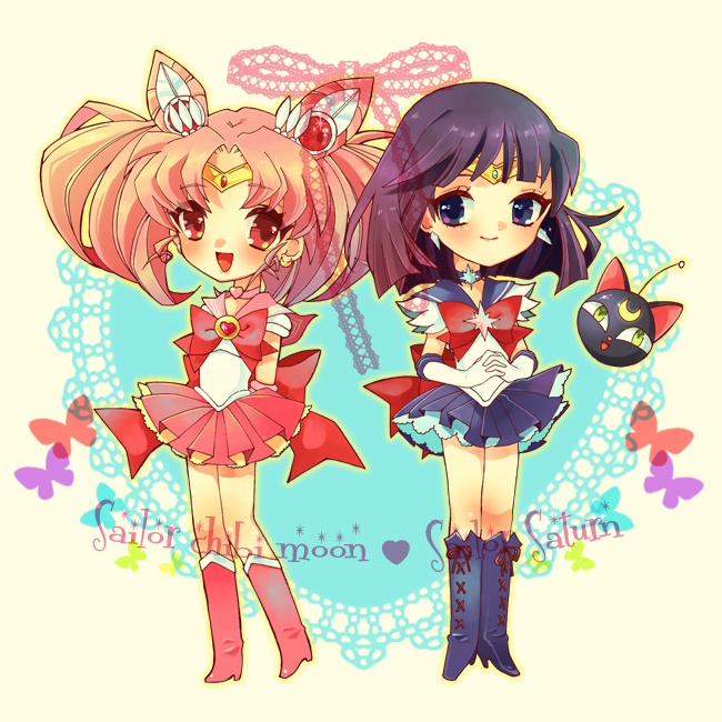 1990s_(style), 2girls, bishoujo_senshi_sailor_moon, bishoujo_senshi_sailor_moon_r, bishoujo_senshi_sailor_moon_s, black_eyes, black_hair, boots, bow, brooch, bug, butterfly, character_name, chibi_usa, child, choker, cone_hair_bun, cooger, doily, double_bun, dress, full_body, gloves, hair_bun, hair_ornament, hairpin, heart, heart_brooch, insect, jewelry, knee_boots, lace-up_boots, luna-p, magical_girl, multiple_girls, own_hands_clasped, own_hands_together, pink_boots, pink_dress, pink_hair, pink_skirt, pleated_skirt, purple_dress, purple_footwear, purple_skirt, red_bow, red_eyes, retro_artstyle, ribbon, sailor_chibi_moon, sailor_saturn, short_hair, skirt, smile, tiara, tomoe_hotaru, twintails, white_gloves