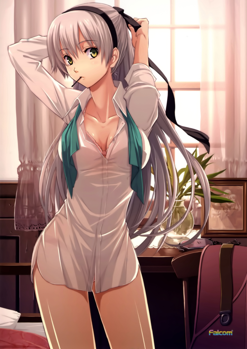 1girl, absurdres, adjusting_hair, blush, bra, breasts, cleavage, collarbone