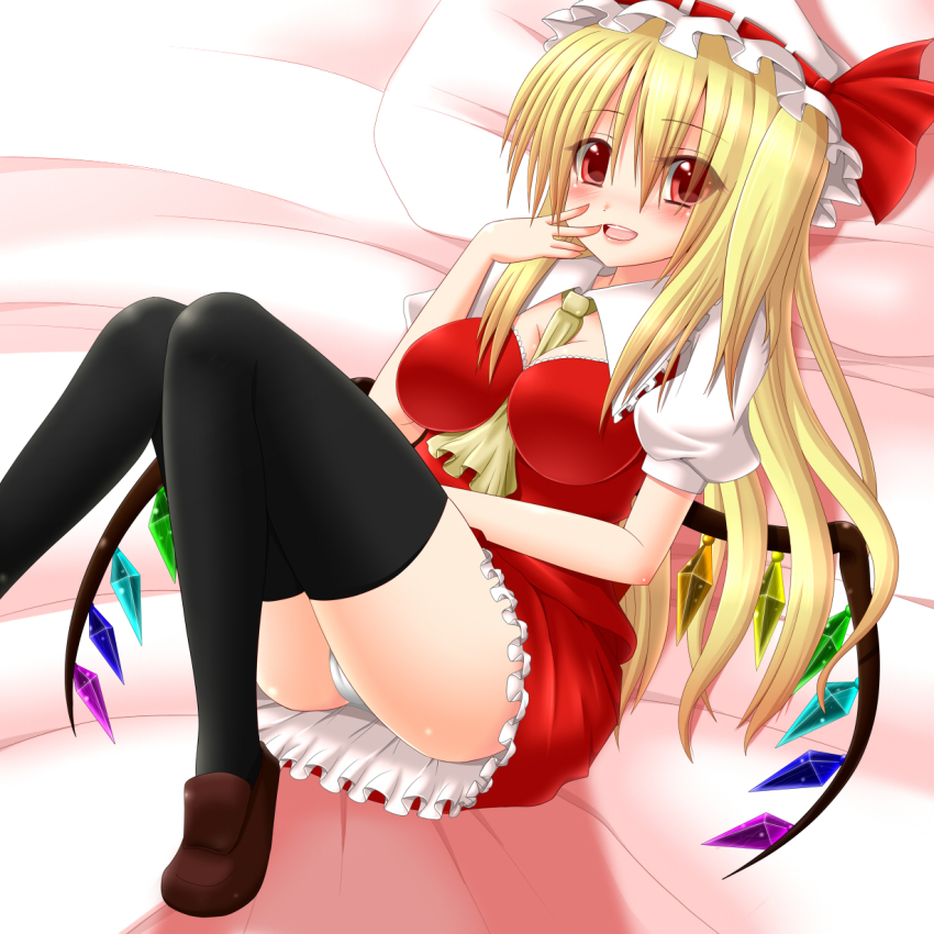 1girl, aged_up, alternate_breast_size_(larger), ascot, black_thighhighs, blonde_hair, blush, breasts