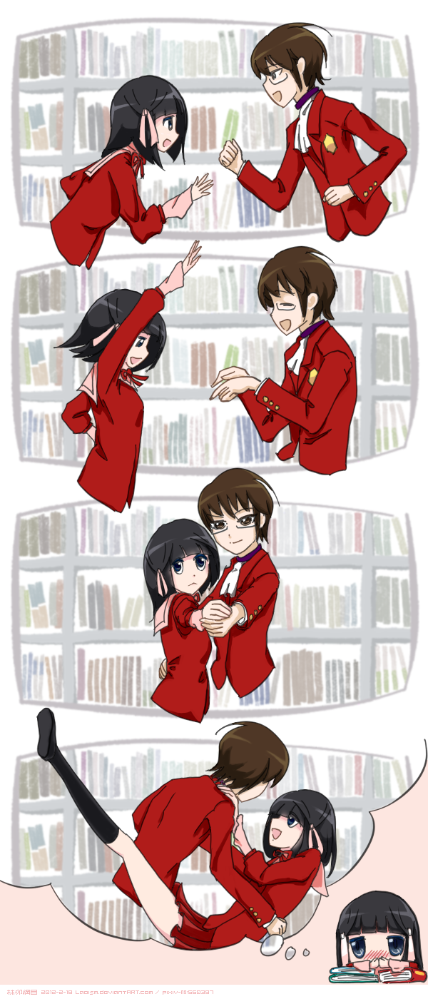 1boy, 1girl, 4koma, ahoge, ascot, black_hair, blush, book, brown_eyes, brown_hair, comic, crossover, dancing, glasses, hair_ribbon, hetero, highres, holding_hands, john_travolta, kami_nomi_zo_shiru_sekai, katsuragi_keima, parody, pulp_fiction, purple_eyes, ribbon, school_uniform, shiomiya_shiori, skirt