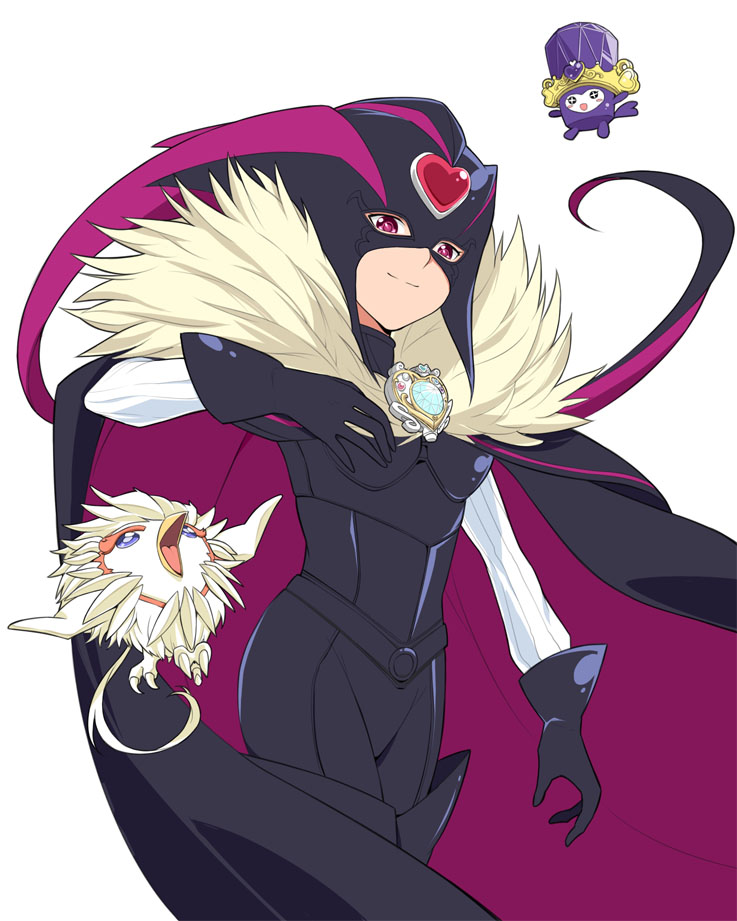 10s, 1girl, bird, black_bodysuit, bodysuit, brooch, cape, cure_muse