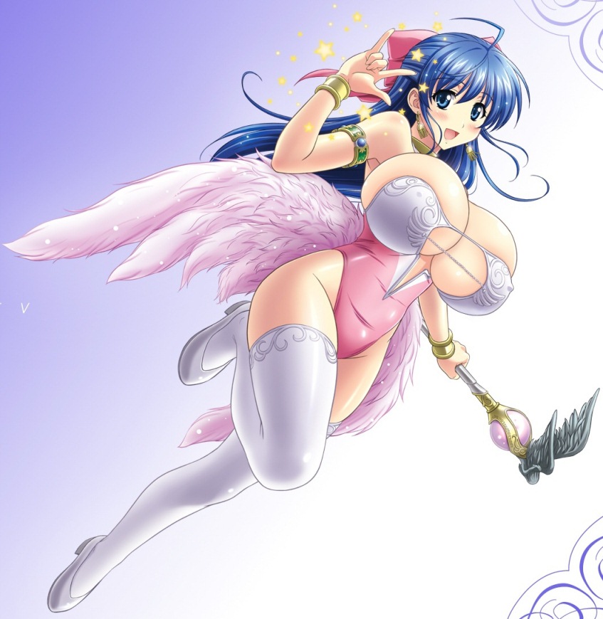 1girl, angel_leotard, artist_request, blue_eyes, blue_hair, bow, bracelet, breast_expansion