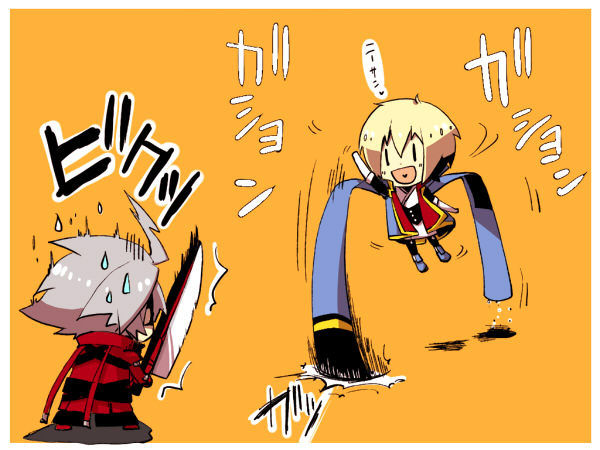 2boys, arc_system_works, billy_and_miriam_locane, blazblue, cosplay, image_sample, kisaragi_jin, kuro_yuzu, male_focus, multiple_boys, orange_background, parody, pixiv_sample, ragna_the_bloodedge, shiteyan'yo, silent_hill, silent_hill_(series), silent_hill_4:_the_room, sword, twin_victim, twin_victim_(cosplay), walking, weapon, what