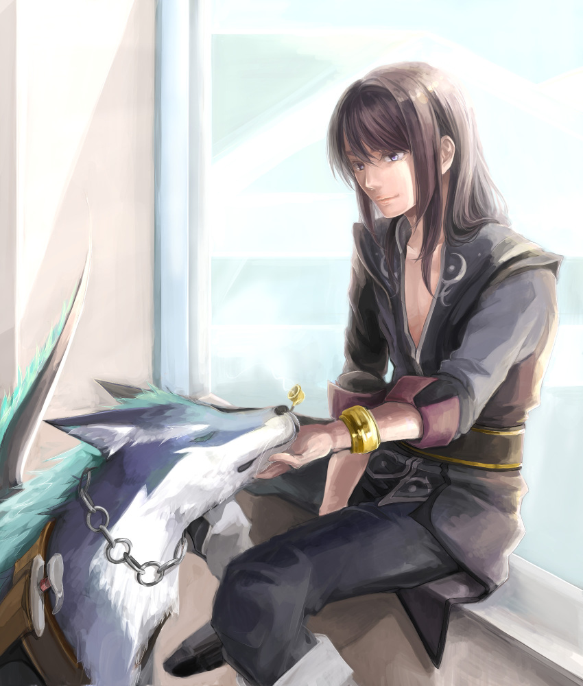 00s, 1boy, bad_id, bad_pixiv_id, black_eyes, black_hair, bracelet, dog