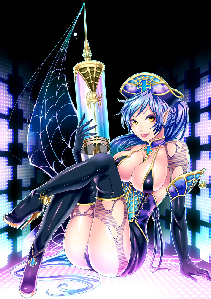 1girl, arm_support, ass, bad_id, bad_pixiv_id, between_breasts, blue_hair, boots, breasts, bug, cleavage, crossed_legs, earrings, elbow_gloves, eyelashes, eyeshadow, female_focus, fishnet_pantyhose, fishnets, gloves, hat, high_heels, jewelry, large_breasts, lips, lipstick, long_hair, looking_at_viewer, makeup, matsurika_youko, nurse, nurse_cap, original, pantyhose, pointy_ears, purple_lips, shiny_skin, sideboob, silk, sitting, skindentation, smile, solo, spider, spider_web, syringe, thick_lips, thigh_boots, thighhighs, thighs, torn_clothes, torn_legwear, vampire, very_long_hair, yellow_eyes