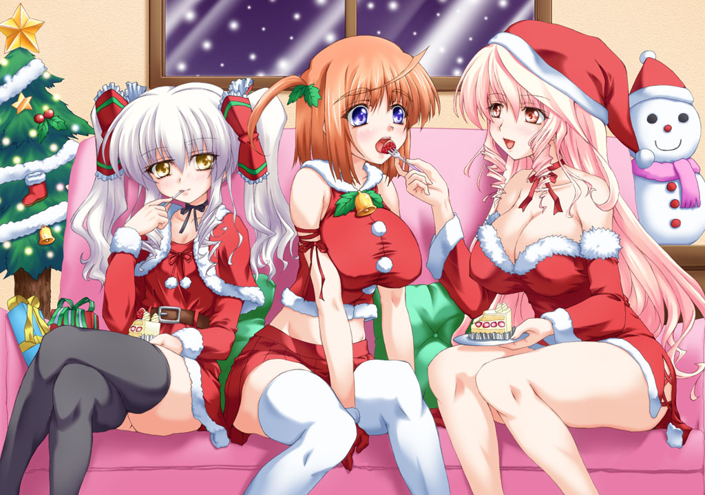 3girls, bare_shoulders, belt, black_legwear, blue_eyes, breasts, cake, christmas
