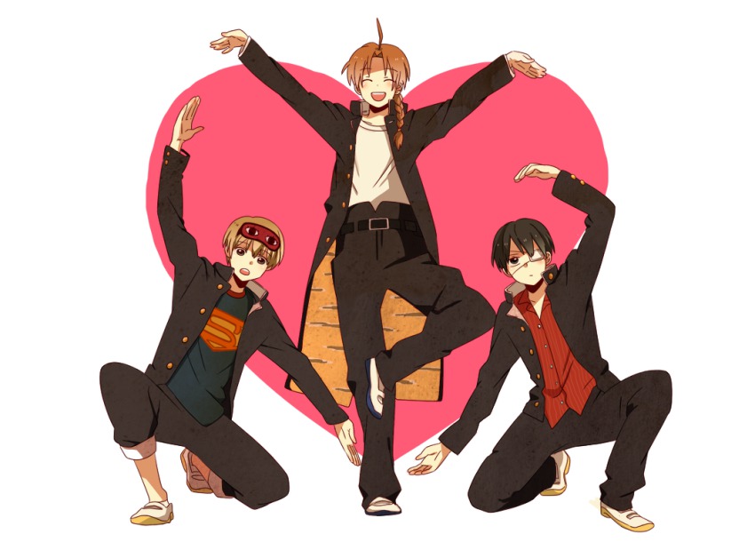 3boys, ahoge, bad_id, bad_pixiv_id, belt, black_hair, braid, brown_hair