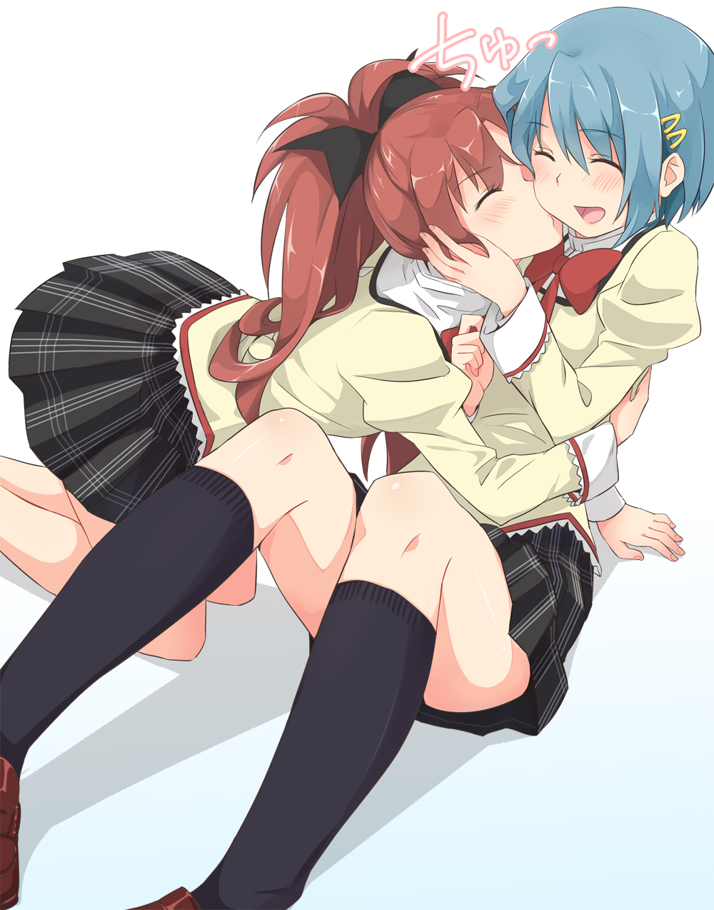 10s, 2girls, alternate_costume, arm_support, bad_id, bad_pixiv_id, black_socks, blue_hair