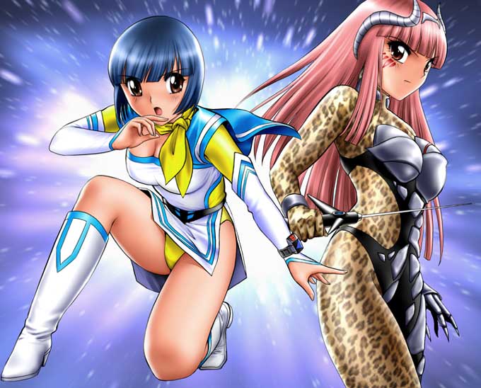 2girls, animal_print, animification, blue_hair, blush, boots, brown_eyes, choushinsei_flashman, cosplay, leopard_print, ley_nefel, ley_nefel_(cosplay), long_hair, multiple_girls, open_mouth, original, pink_hair, sara_(flashman), sara_(flashman)_(cosplay), shingyouji_tatsuya, short_hair, super_sentai