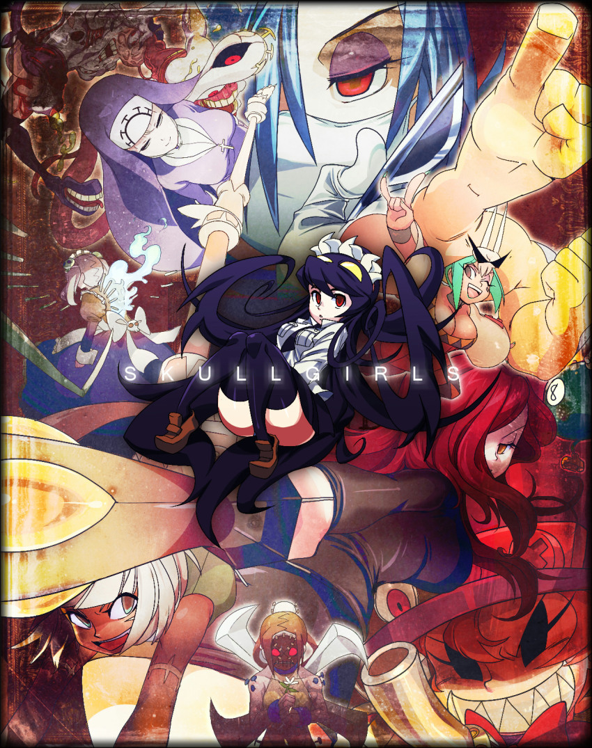 >:d, 6+girls, :d, apron, aqua_hair, aura, bare_shoulders, black_dress, black_eyes, black_hair, black_legwear, bloody_marie_(skullgirls), blue_hair, boots, breasts, brown_eyes, brown_hair, cerebella_(skullgirls), cleavage, closed_eyes, collage, cross, cuffs, dark-skinned_female, dark_skin, double_(skullgirls), dress, english_text, everyone, evil_smile, extra_mouth, eyeshadow, filia_(skullgirls), fire, flower, futakuchi-onna, gem, george_the_bomb, gloves, glowing, glowing_eyes, green_eyes, green_hair, grey_eyes, grin, gun, hair_ornament, hair_over_one_eye, hat, highres, kamina_shades, krieg_(skullgirls), large_breasts, lipstick, living_clothes, long_hair, m/, maid, maid_apron, maid_headdress, makeup, mask, mechanical_arms, midriff, miniskirt, monster, mouth_mask, ms._fortune_(skullgirls), multiple_girls, nail_(hardware), nail_polish, necktie, ninja, nun, one_eye_closed, open_mouth, orange_hair, painwheel_(skullgirls), parasoul_(skullgirls), peacock_(skullgirls), pinky_out, pinwheel, pleated_skirt, prehensile_hair, red_eyes, red_hair, ribbon, samson_(skullgirls), scalpel, scar, school_uniform, shackles, sharp_teeth, shoes, skirt, skull, skull_hair_ornament, skullgirls, sleeveless, smile, sunglasses, surgical_mask, symbol-shaped_pupils, teeth, thighhighs, top_hat, twintails, umbrella, v-shaped_eyebrows, valentine_(skullgirls), veins, very_long_hair, vice-versa_(skullgirls), weapon, white_gloves, white_hair, wings, wink, yellow_eyes, yojio_(2188)