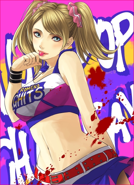 1girl, belt, blonde_hair, blood, blue_eyes, candy, cheerleader, clothes_writing, crop_top, food, grasshopper_manufacture, juliet_starling, lollipop, lollipop_chainsaw, long_hair, lotter75, midriff, miniskirt, navel, scrunchie, skirt, twintails, typo, wristband