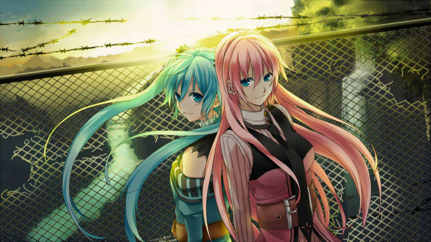 2girls, akatsuki_arrival_(vocaloid), alternate_costume, aqua_eyes, aqua_hair, back-to-back, barbed_wire, belt, black_neckwear, blue_eyes, chain-link_fence, female_focus, fence, hair_between_eyes, hatsune_miku, long_hair, looking_at_viewer, looking_back, megurine_luka, multiple_girls, necktie, pink_hair, shirt, smile, striped_clothes, striped_shirt, sunrise, teito_(0w0kuma), twintails, vertical-striped_clothes, vertical-striped_shirt, vest, vocaloid, wind