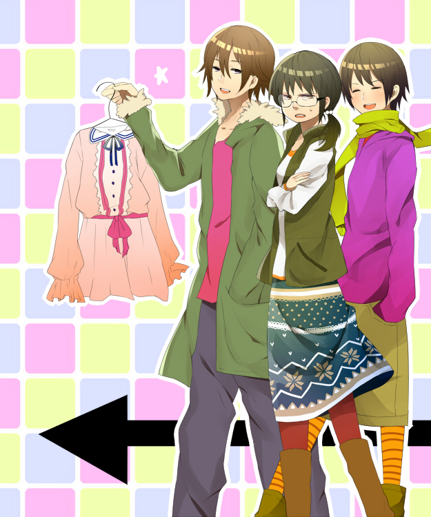 1girl, 2boys, bad_id, bad_pixiv_id, brown_hair, casual, closed_eyes, crossed_arms